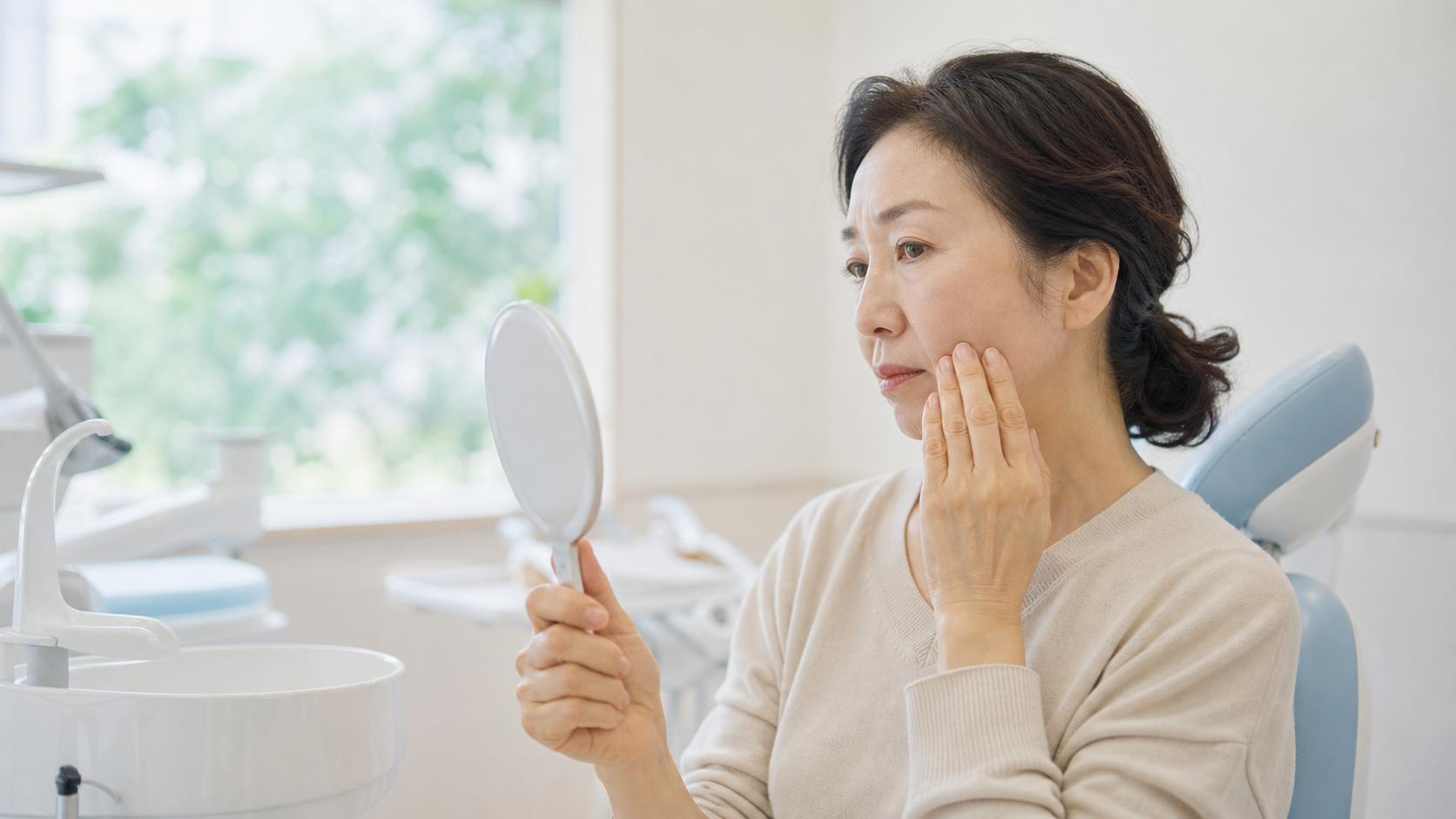 歯のお悩みを鏡で確認する女性